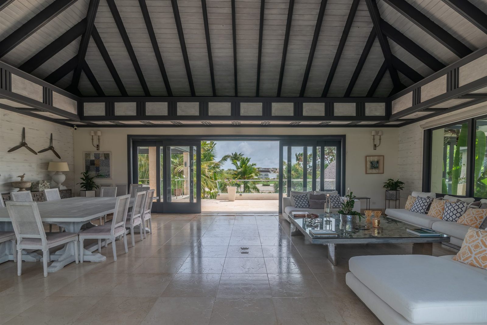 Villa Espada great room with vaulted beamed ceiling, Cap Cana luxury villa interior